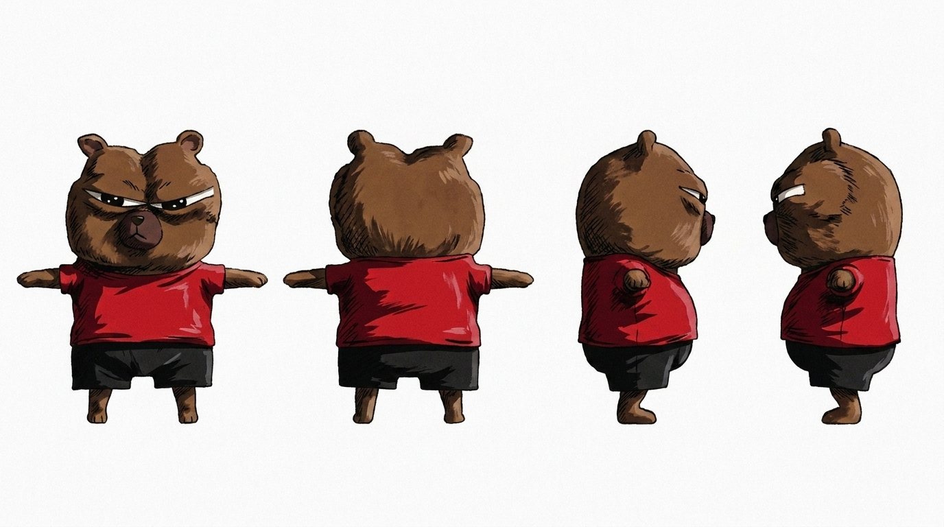 Anime Bobo character shown from four angles